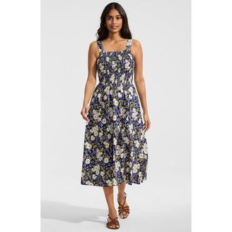 Lands End Poplin Smocked Bodice Midi Dress in Deep Sea Spring Floral at Nordstrom, Size X-Small P