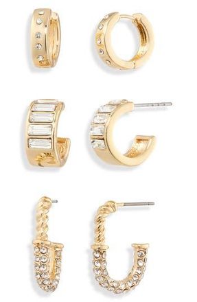 Nordstrom Rack 3-Pack Assorted Huggie Hoop Earrings in Clear- Gold at Nordstrom Rack