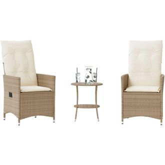 vidaXL Sillas Y Mesita De Jard&iacute;n 3 Piezas Rat&aacute;n Sint&eacute;tico Coj&iacute;n Beige Vidaxl
