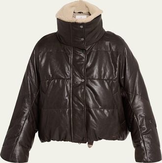 Brunello Cucinelli Waxed Leather Puffer Coat with Shearling Collar