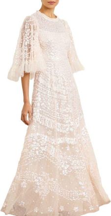 Needle & Thread Anais Sequin 3/4 Sleeve Maxi Gown in Cream/dusk Pink at Nordstrom, Size 16