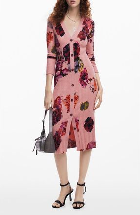 Desigual Floral Print Long Sleeve Rib Sweater Dress in Pink/red at Nordstrom, Size Medium