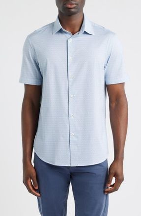 Bugatchi Miles OoohCotton Geo Print Short Sleeve Button-Up Shirt in Ether at Nordstrom, Size Xxx-Large
