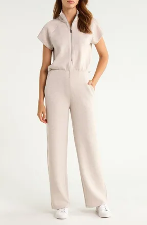 Spanx Pintuck Half Zip Jumpsuit in Bone Heather at Nordstrom, Size X-Large