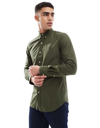 Polo Ralph Lauren Camicia slim in popeline elasticizzato verde scuro con logo