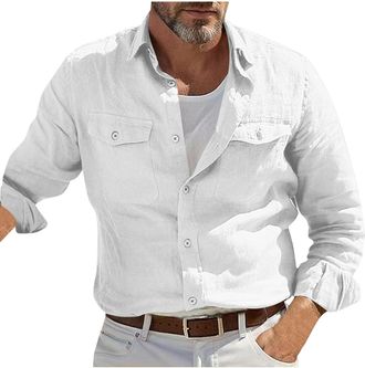 Generic AnnSemo Mens Linen Short Long Sleeve Shirt Summer Shirt Men Casual Regular Fit Button Down Shirts Cotton Muscle Fit Dress Holiday Beach with Breast Po