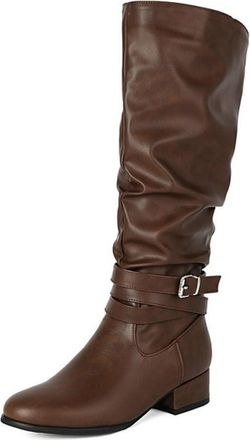 Generic Womens Fashion Knee High Riding Boots Buckle Strap Side Zipper Round Toe Low Heels Slouchy Motorcycle Shoes (Brown,7.5)
