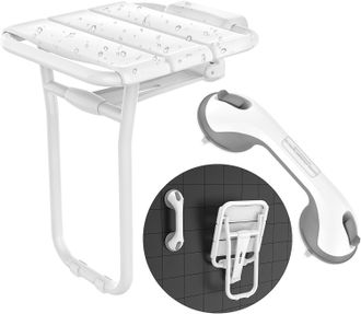 OEM Silla Y Banco Plegables Para Ducha, Asiento De Ducha Resistente Montado En La Pared Con Patas Y Barra De Agarre Con Ventosa - Capacidad De 227 Kg (500