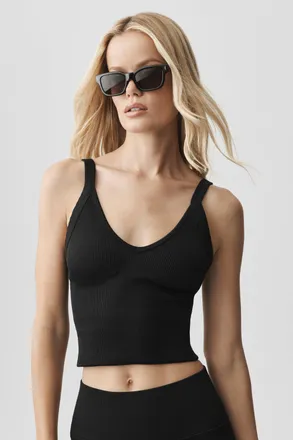 Alo | Seamless Ribbed V-Neck Favorite Bra Tank Top in Black, Size: Medium