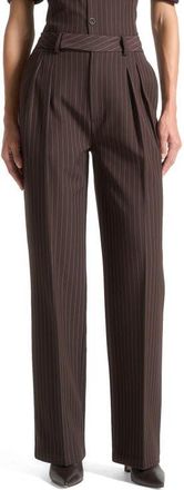 Mani&egrave;re De Voir Julie Pinstripe Twin Pleat Tailored Trousers in Brown at Nordstrom, Size 4