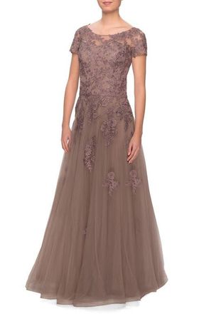 La Femme A-line Formal Gown with Floral Lace Appliques in Cocoa at Nordstrom, Size 18