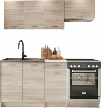 Usinestreet Usinestreet - Conjunto De Cocina Trenton 101, Roble Sonoma + Beige, 180x60cm, Encimera, Aglomerado Laminado