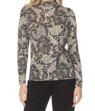Joseph Ribkoff Floral High Neck Knit Top In Winter White/black