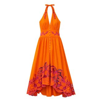 Farm Rio FARM Rio, Midi Dresses, female, Orange, Size: M Embroidered Halterneck Midi Dress