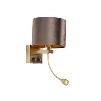 QAZQA Cl&aacute;sico/antiguo L&aacute;mpara De Pared Bronce Con Pantalla De Terciopelo Marr&oacute;n 18cm - Brescia Textil /acero /terciopelo Redonda Adecuado Para Led Max. 1 X 