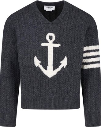 Thom Browne Dark Grey Cable-Knit Anchor Motif Cropped Sweater