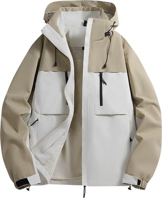 Generic Mens Waterproof Jackets Lightweight Hooded Rain Jacket Color Blocking Raincoat with Hood Breathable Multi Pockets Windbreaker Outdoor Windproof Coat f