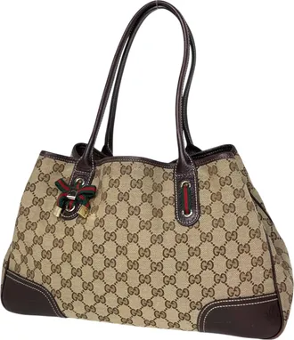 Gucci Beige Beige Brown Brown Gg Canvas Leather Tote Bag (Pre-Owned)