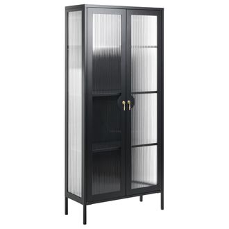 Beliani Vitrina De Metal De Oficina Puertas De Vidrio Acanalado Estantes Estilo Industrial Negro Gleora
