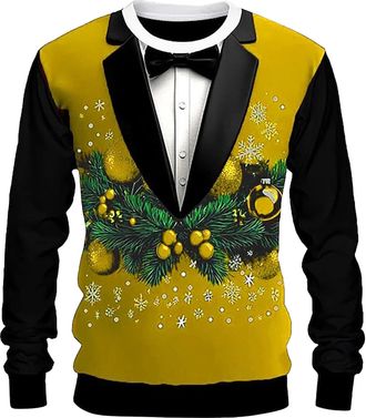 Generic Mens Christmas Sweatshirt Ugly Christmas Men Crewneck Sweatshirt Funny 3D Suit Print Sweatshirts Xmas Graphic Sweater Holiday Pullover Long Sleeve T-S