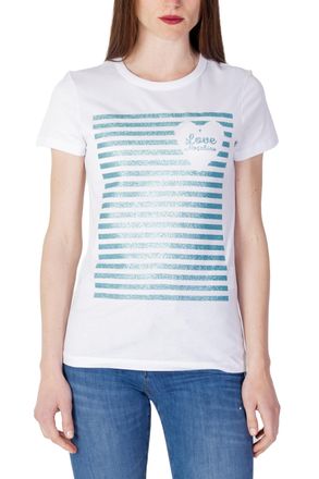 Love Moschino Womens Glitter Stripe Tshirt Short Sleeve Crew Neck - White Cotton - Size EU 38 (Womens)