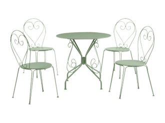 Vente-Unique Comedor de jard&iacute;n de metal tipo hierro forjado: una mesa y 4 sillas apilables - verde almendra - GUERMANTES