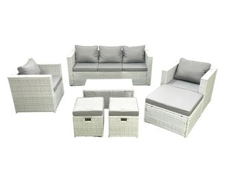 Fimous Rattan Garden Outdoor Furniture Sofa Set with Rectangular Coffee Table 2 Chairs 3 Footstools Light Grey Mixed