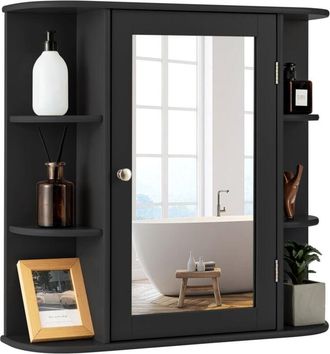 Costway Mobile da Bagno con Specchio 66 x 17 x 63cm, Mobiletto in Legno Appeso con Mensole Regolabili, Armadietto dei Medicinali Multiuso per Bagno