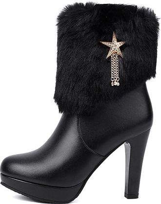 Generic Womens High Heeled Platform Boots Round Toe Short Boot with Side Zipper PU Leather Winter Ankle Boots with Metal Star,Black,5.5 UK