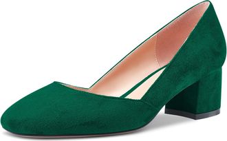 Castamere Women Low Chunky Block Heel Close Square Toe Slip-on Dress Pumps Court Shoe Classic Cute Wedding 5 CM Heels Dark Green Suede 6 UK