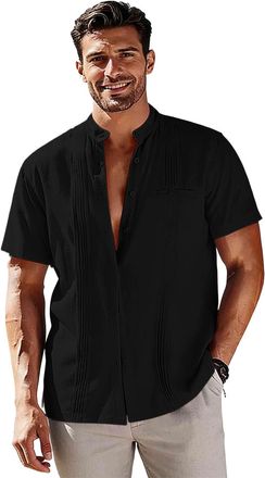 Generic Cotton Linen Shirts for Men Adult Summer Short Sleeve Casual Shirts Stand Collar Regular Fit Shirt Fashion Lightweight Button Down Tshirts Hawaiian We