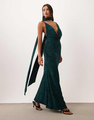 Asos vestito maxi floreale devor&eacute; con scollo ad anello profondo e dettaglio foulard in teal-Verde
