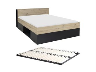 Vente-Unique Cama 140 x 190 cm - 3 cajones y 6 estantes - Natural y negro + Somier - CIKETO