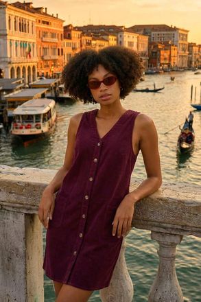 Roman Cotton V-Neck Button Pocket Dress