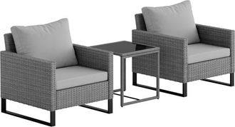 OUTSUNNY 3PCS Rattan Bistro Set Glass Top Table and Chairs with 4 Cushions Grey - Outsunny