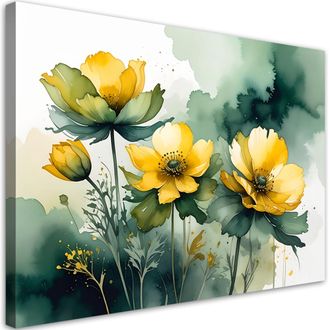Feeby Cuadro Sobre Lienzo Flores Amarillas Primaverales Sobre Fondo Verde Suave 100x70