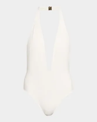 Tom Ford Plunging Halter Jersey One-Piece Swimsuit