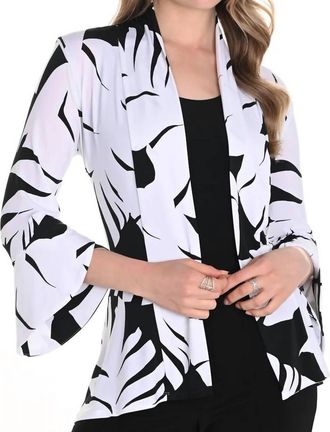 Frank Lyman Design Throw Over Leaf Print Open Front Kimono Jacket In Black/white
