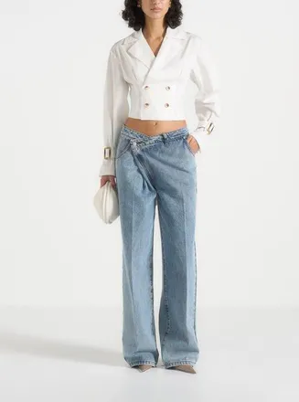 Mani&egrave;re De Voir Andrea Double Breasted Cropped Shirt With Balloon Sleeves in White at Nordstrom, Size 10