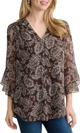 Jones New York Flutter Sleeve Paisley Top in Fudge/white Sand Multi at Nordstrom, Size X-Large
