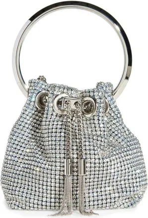 Jimmy Choo London Micro Bon Bon Crystal Mesh Top Handle Pouch in Silver at Nordstrom