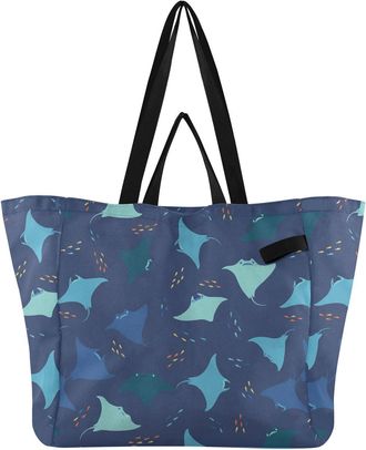 Generic Underwater Fish Blue print Reusable Canvas Tote Bag, Heavy Duty Grocery Shopping Bag with Large Capacity Double Handles Hard Bottom Work Groceries Tra