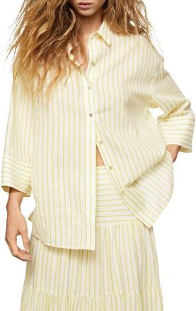 Mango Oversize Stripe Woven Shirt in Green at Nordstrom, Size 4