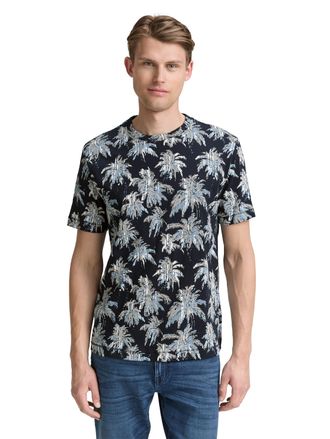 Tom Tailor T-Shirt TOM TAILOR, Herren, Gr. 3XL, blau (navy blau stripe palm design), Jersey, Obermaterial: 100% Baumwolle, bedruckt, regular fit taillenbedeckt, 