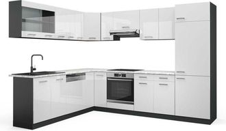 Vicco Cucina angolare completa R-Line, Bianco lucido/antracite, 227 x 287 cm, pl Marmo