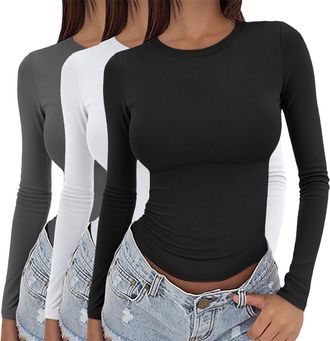 Generic Womens 3 Pack Long Sleeve Tops Y2k Basic Layering Tight Thermal Undershirts Slim Fitted Going Out Tee Shirts Round Neck Stretch Fit Aesthetic Streetwe