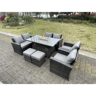 Fimous Rattan Outdoor Furniture Gas Fire Pit Rectangle Dining Table Gas Heater Chairs Two Seater Love Sofa Sets Footstools 8 Seater - Fimous