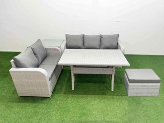 Fimous 6 Seater PE Rattan Wicker Garden Furniture Patio Conservatory Sofa Set w/ Rectangular Dining Table 3 Seater Sofa Love Sofa Big Footstool Side
