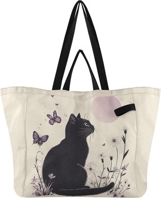 Generic Cat Butterflies Beige print Reusable Canvas Tote Bag, Heavy Duty Grocery Shopping Bag with Double Handles Hard Bottom Large Capacity Work Groceries Tr