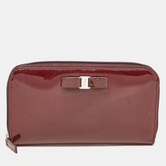 Ferragamo Burgundy Patent Leather Vara Bow Zip Around Wallet